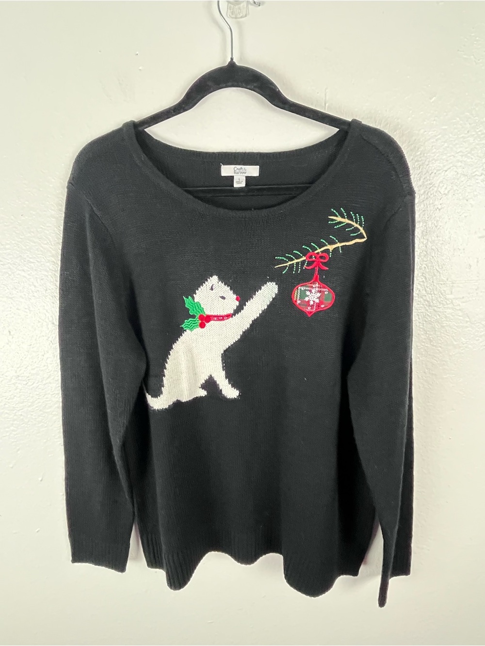 CROFT & BARROW Black Cat Graphic Long Sleeves Knit Sweater Size Large Christmas